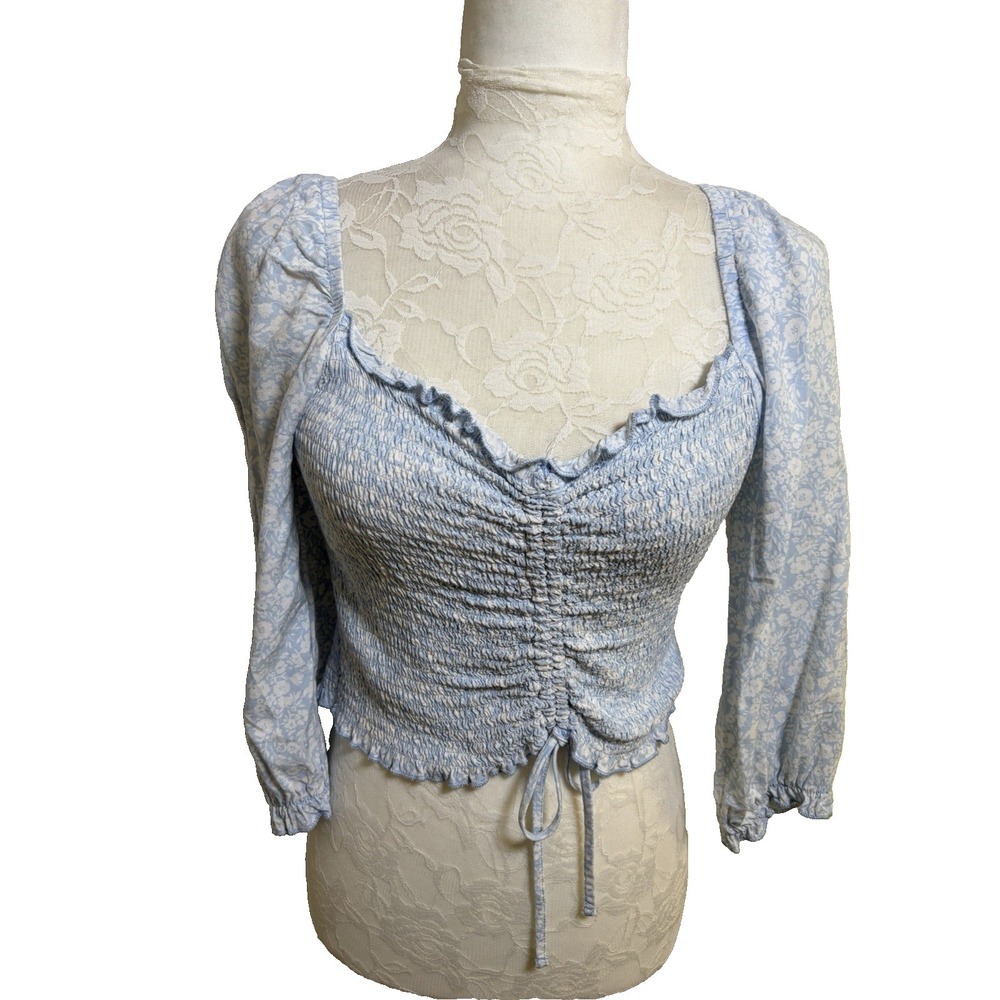 Almost Famous Blue Floral Smocked Crop Top~Jr L~3/4 Puff Slvs Coquette Babydoll